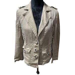 Chico’s Women’s Linen Blazer Khaki size 1(Med) Button front Classy Chic  capsule